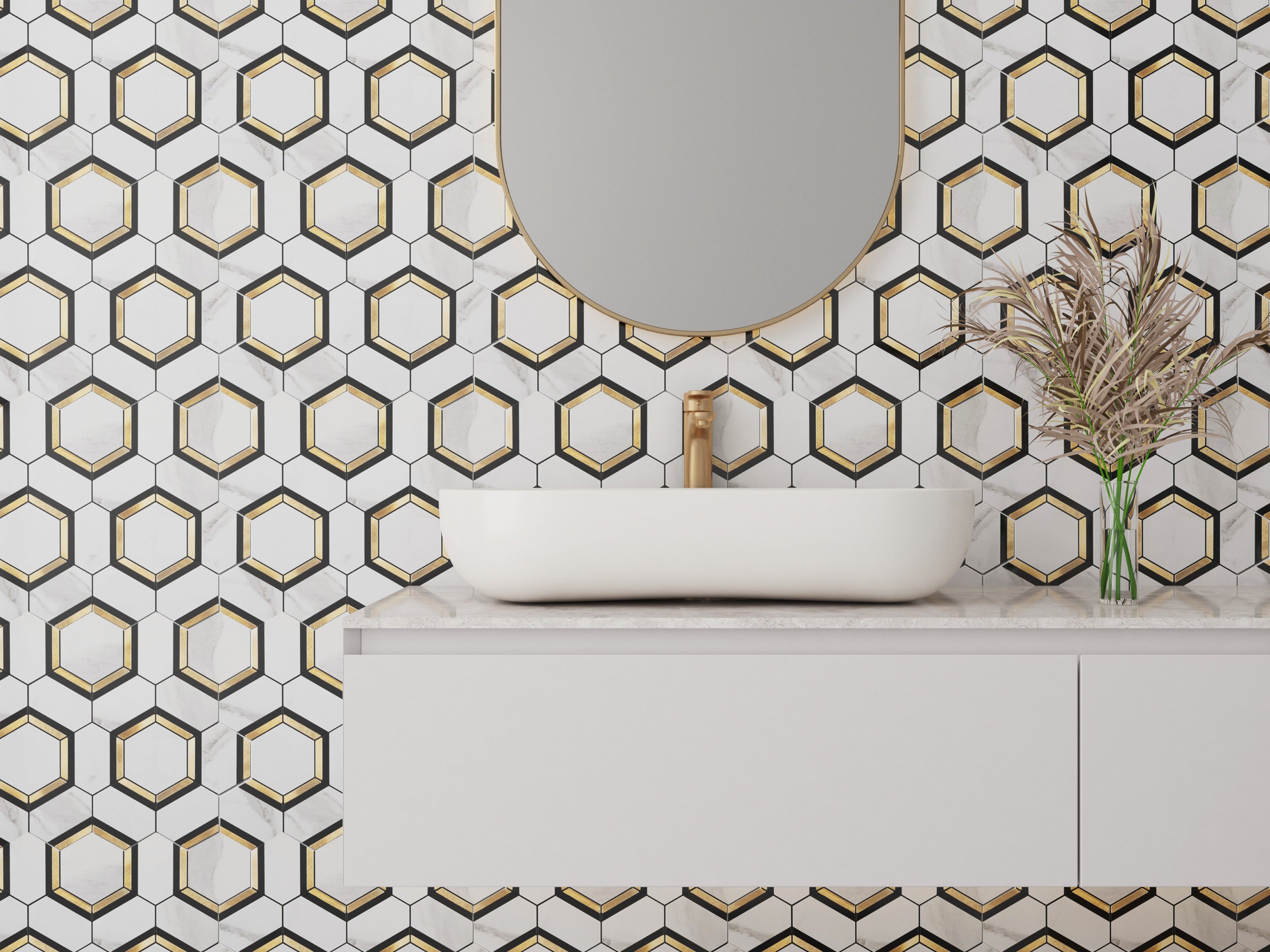 Peel and Stick Backsplash Tile 3'' Hexagon PVC White Marble Stone with Gold Metal Mosaic  10-Sheet